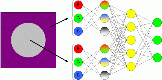 Schematische Darstellung des Netzaufbaus zur Simulation der Farbkonstanz. Die Beschreibung der einzelnen Units ist dem Text zu entnehmen.